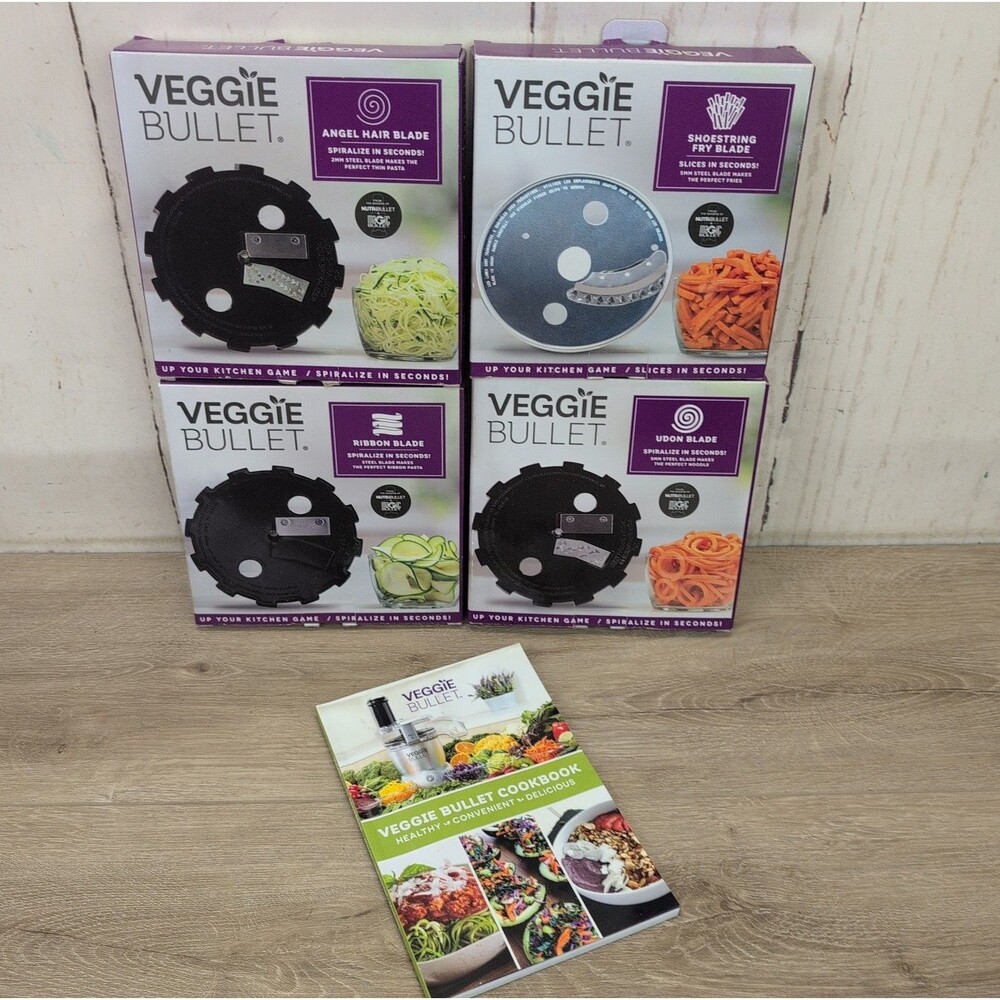 Veggie Bullet Blades Lot Of 4 + Cookbook Udon , French Fry, Angel Hair & Ribbon